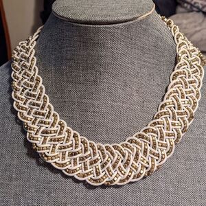 Braided white & gold cording & bead full collar necklace